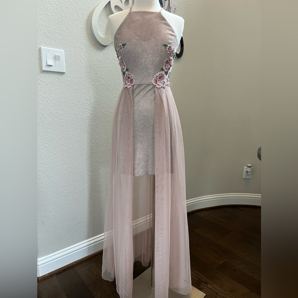 Cute Juniors High Low Pink Floral Glitter Dress